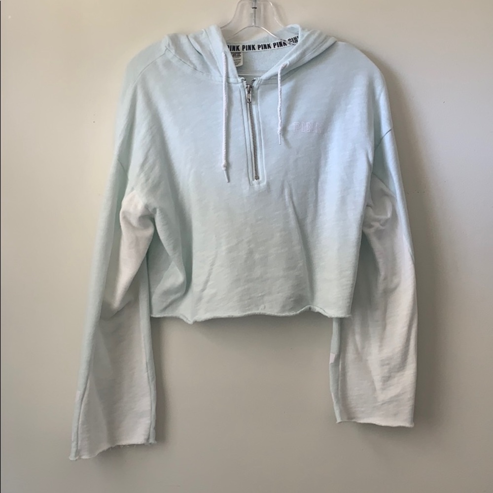 Pink cropped white and teal hoodie